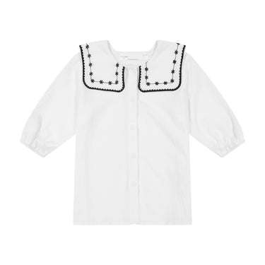 CRINKLE TOP WITH EMBROIDERED COLLAR