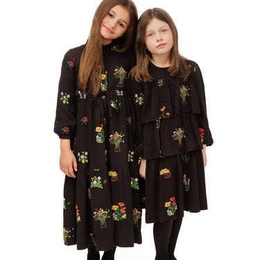 Black Floral Embroidered Layered Wool Dress