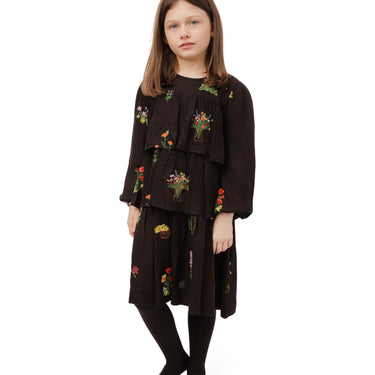 Black Floral Embroidered Layered Wool Dress