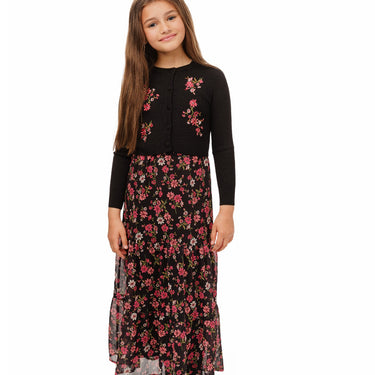 Fuscia Floral Printed Maxi Dress With Black Sweater