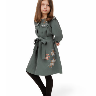 Gray Embroidered Flower Collar Dress