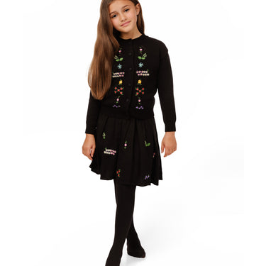 Black And Floral Embroidered Chunky Knit Cardigan