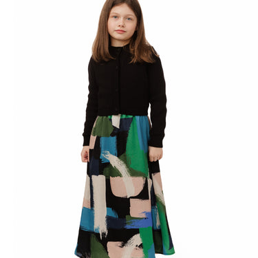Multi Color Swatched Maxi Dress With Black Overlay Sweater