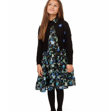 Blue Floral Dress With Collar And Black Cardigan