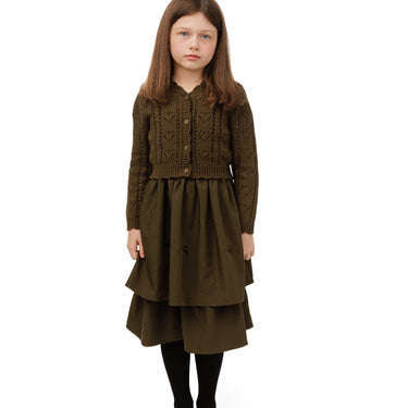 Brown Tiered Dress With Knit Cardigan