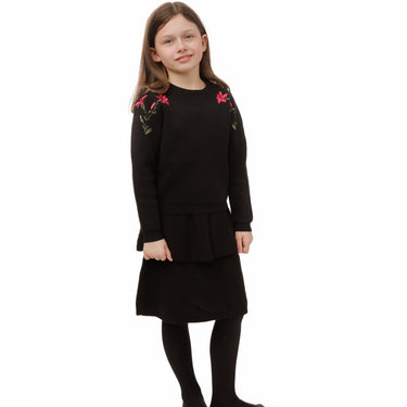 Black Knit Top With Pink Floral Embroidery